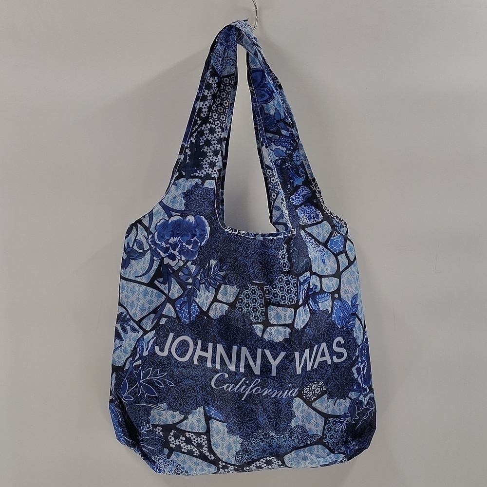 Johnny Was Nylon Reusable Tote Shopping Bag Blue On Blue Flower Print